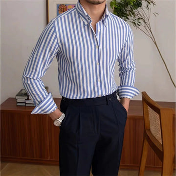 Riolio New Naples Business Men Shirts Light Luxury Textured Lapel Striped Long Sleeve Cardigan Leisure Premium Commuter Blouse M-3XL